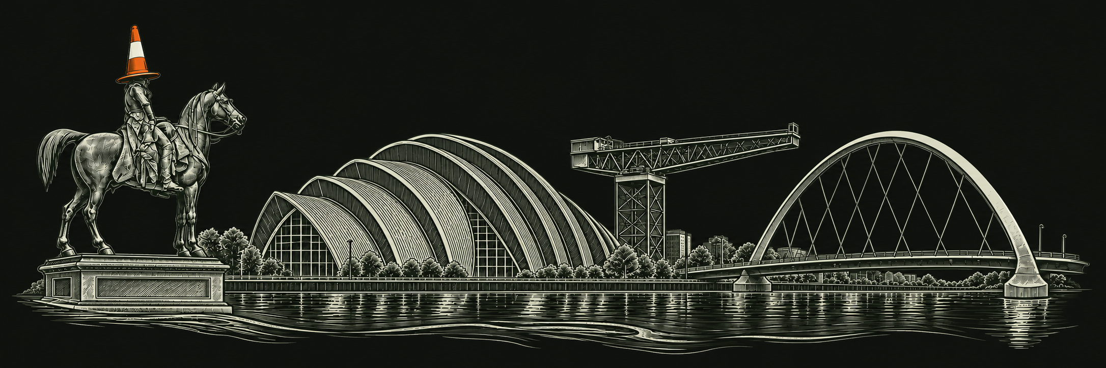 A flowing illustration of Glasgow: the Duke of Wellington on horseback wearing a traffic cone, the SEC Armadillo, Finnieston Crane, and Clyde Arc, joined by the River Clyde.